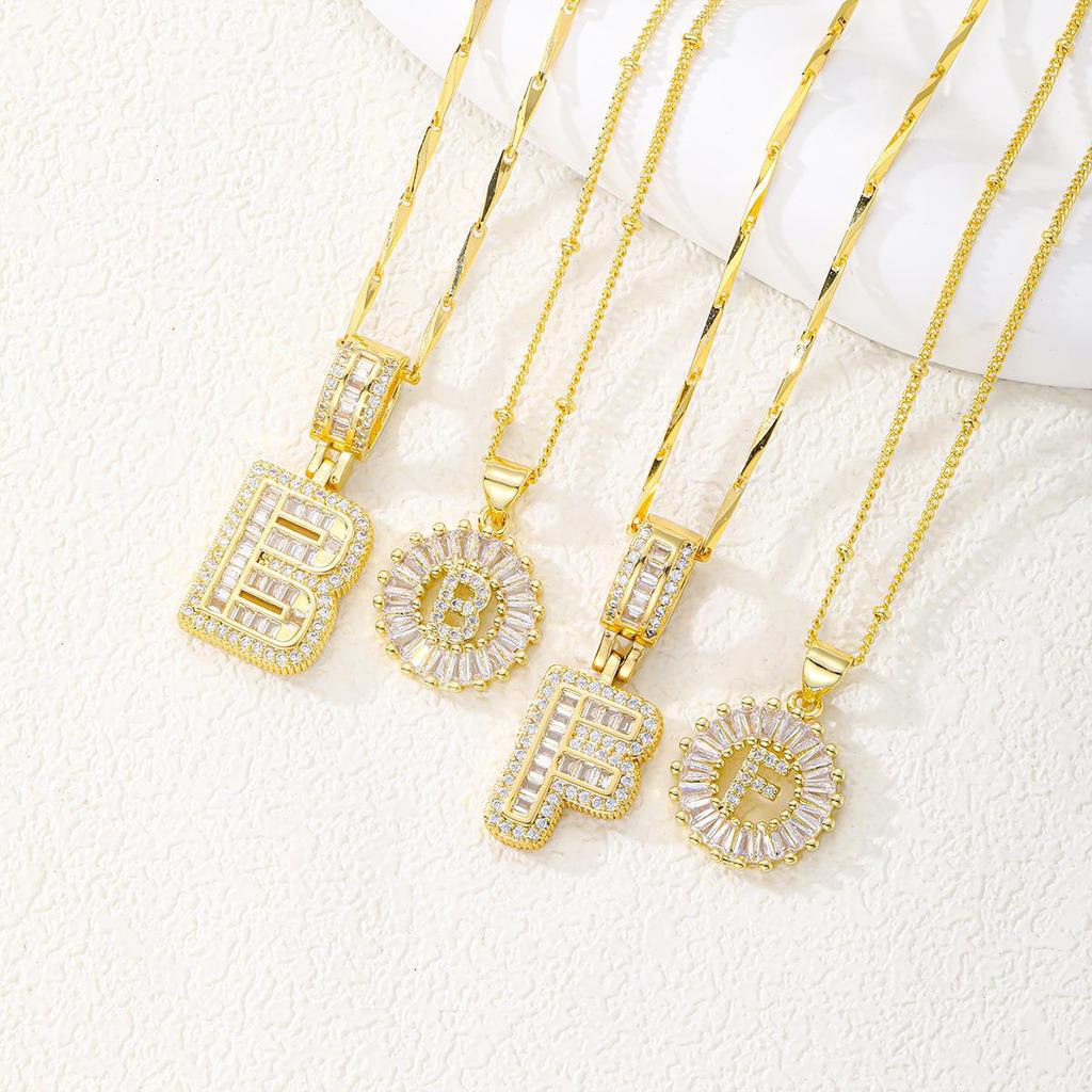 Hot Style Diamond Rock Candy 26-Letter Pendant Necklace: Copper, Zircon, and Real Gold Plated Jewelry Set