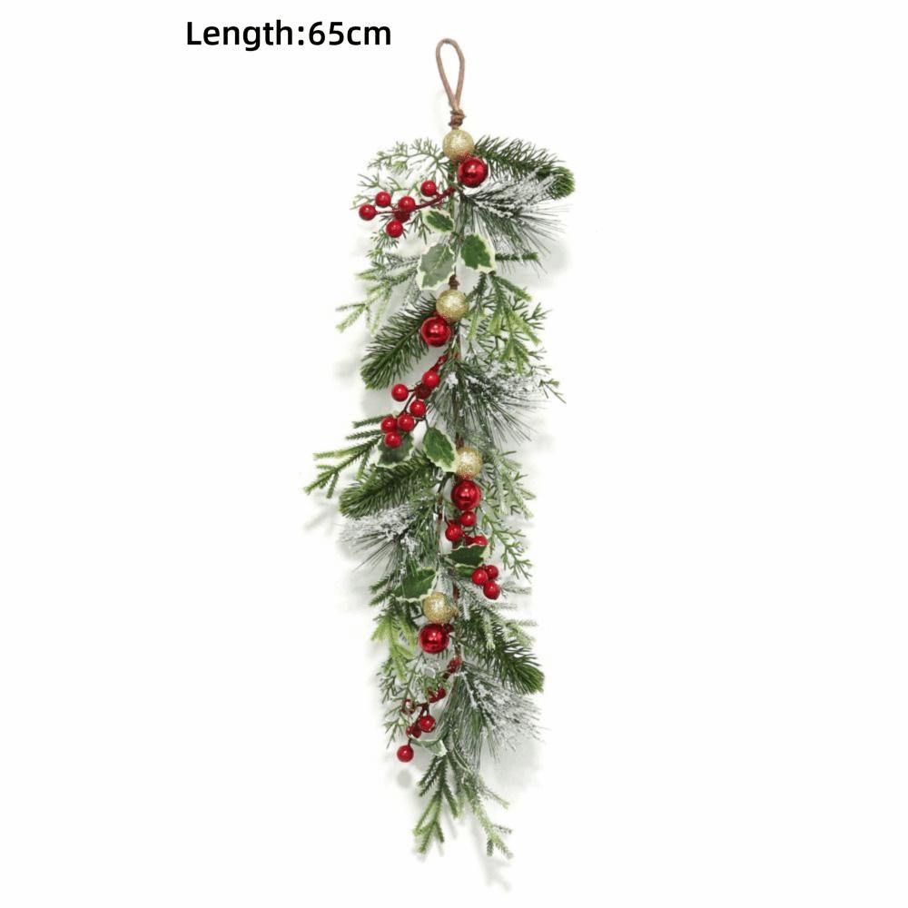Green&red Christmas Pine Garland 65cm Holly Leaves Artificial Pine Wreath Wall Hanging Staircase Ornament Greenery Pine Rattan