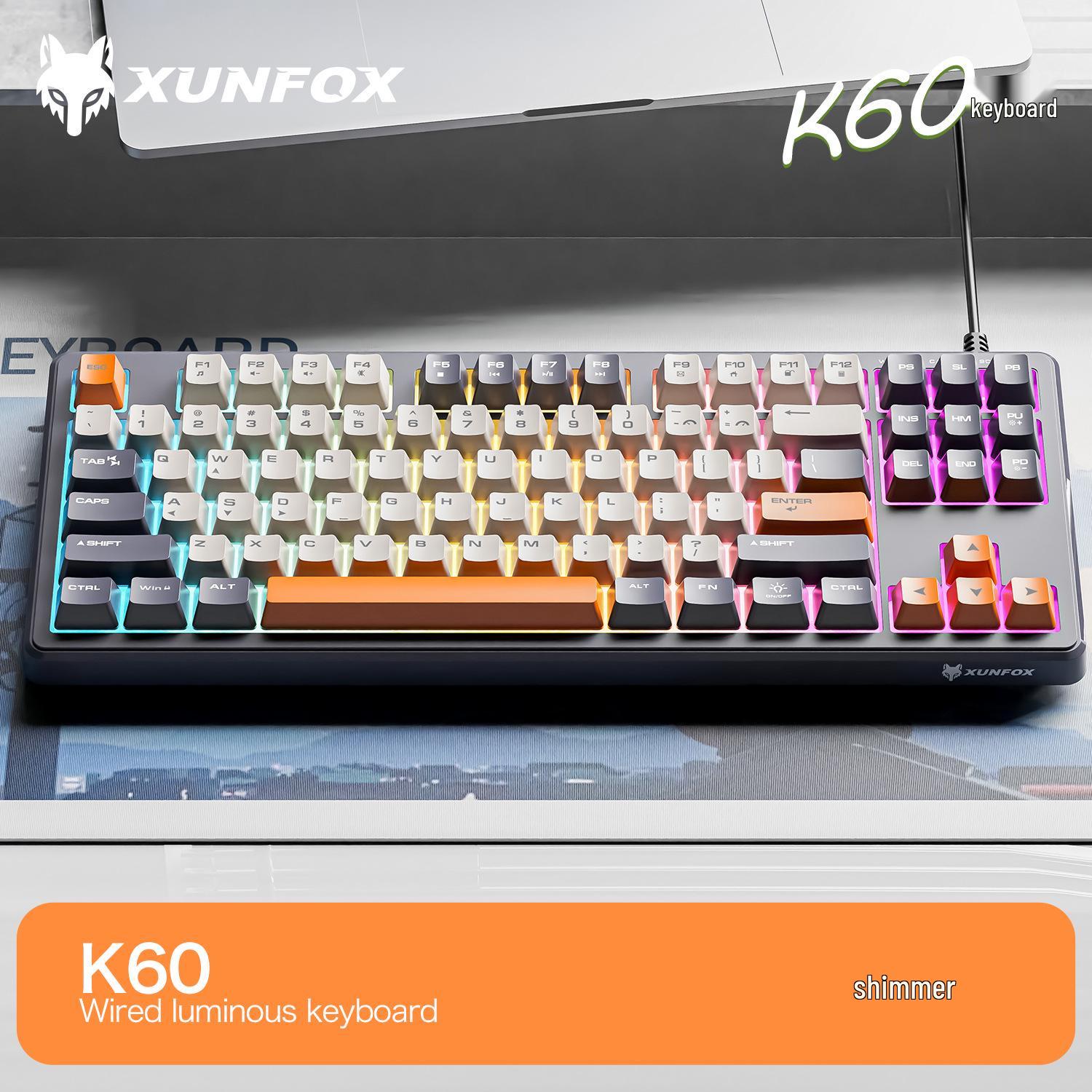 

Сліпуча срібляста клавіатура K60 з дротовим підключенням: Триколірні люмінесцентні ковпачки для клавіш для настільного комп ютера, офісу, дому та ігор