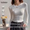 Women's Ribbed Knit Fleece-Lined Round Neck Long Sleeve Base Layer T-Shirt