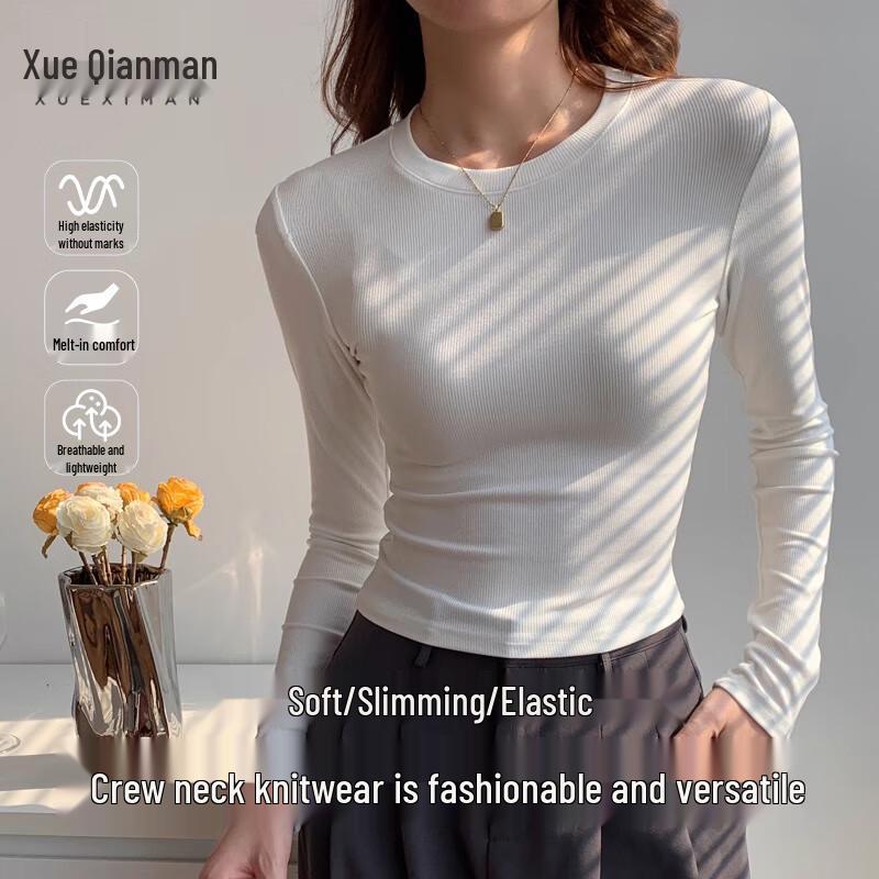 Women's Ribbed Knit Fleece-Lined Round Neck Long Sleeve Base Layer T-Shirt