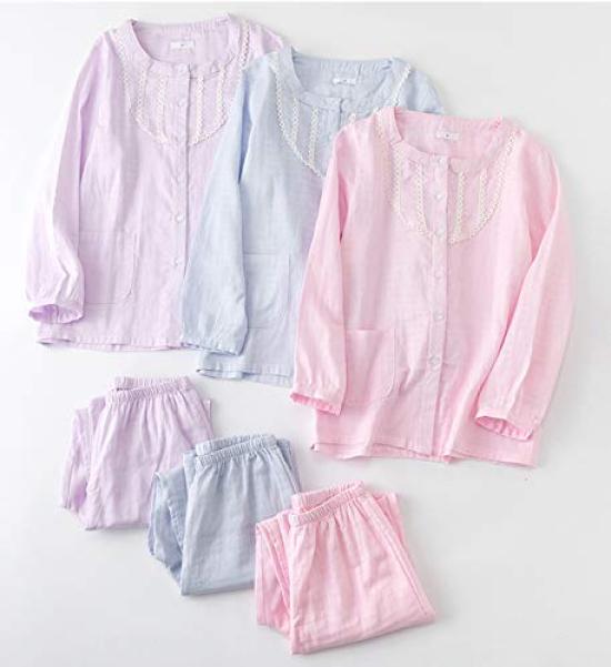 Gauze Long Front Cotton Top and Bottom Solid Perfect for Birthday Size M S-Lifeeling Women's Double-Layer Pajamas, Sleeves, Opening, Set, Colors,