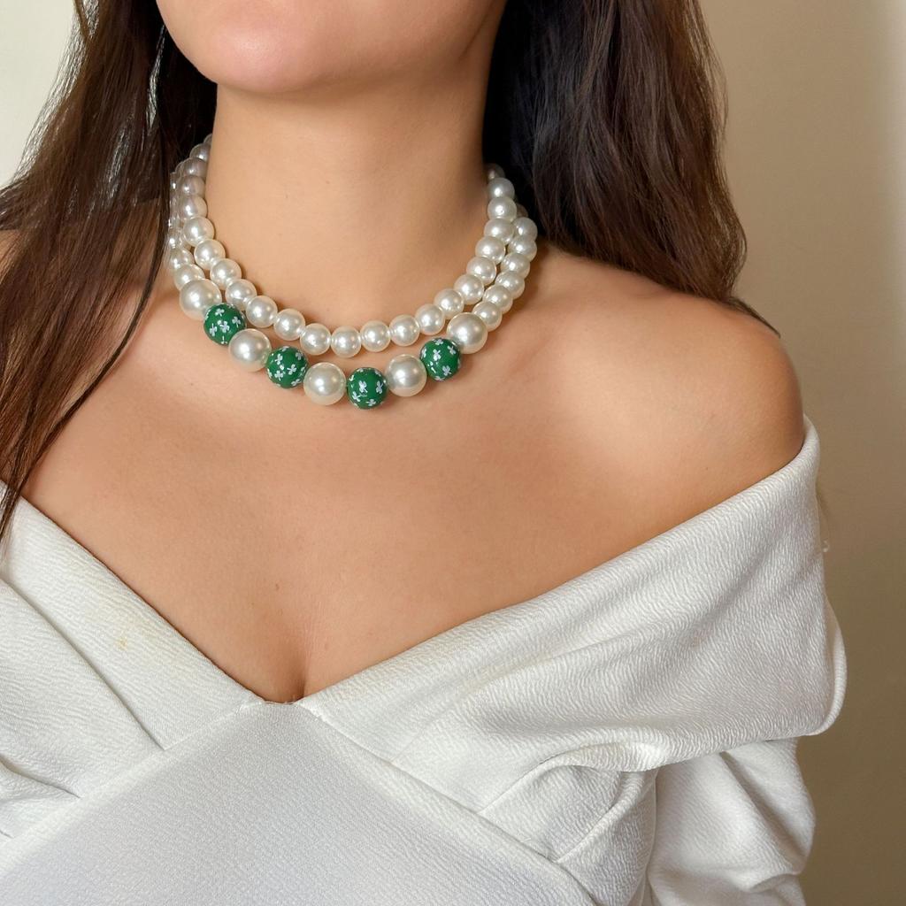Green Element Necklace, Personalized Color Beaded Imitation Pearl Love Valentine'S Neck