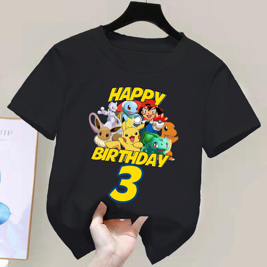 Pokemon Birthday Number T-shirt for Children Cartoon Figure Tee Top Pikachu Black Clothes New Kids Short Sleeve Clothing Gift