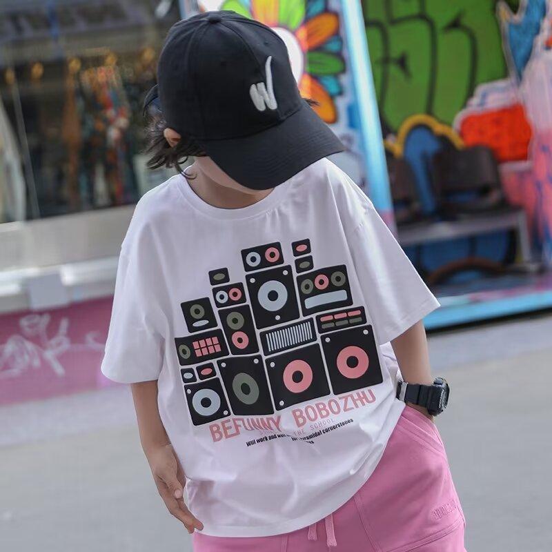 

Летняя футболка с короткими рукавами, детская рубашка с короткими рукавами из чесаного хлопка с круглым вырезом и принтом, рубашка с верхом и низом 170 белый