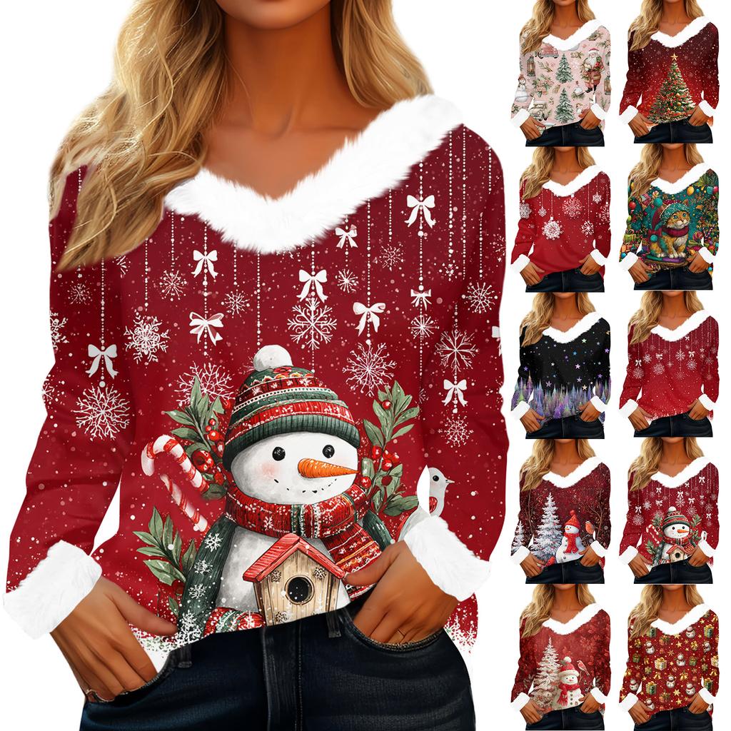 Women's T Shirt Tee Christmas Shirt Long Sleeve Party Christmas Print Collar V Neck Top