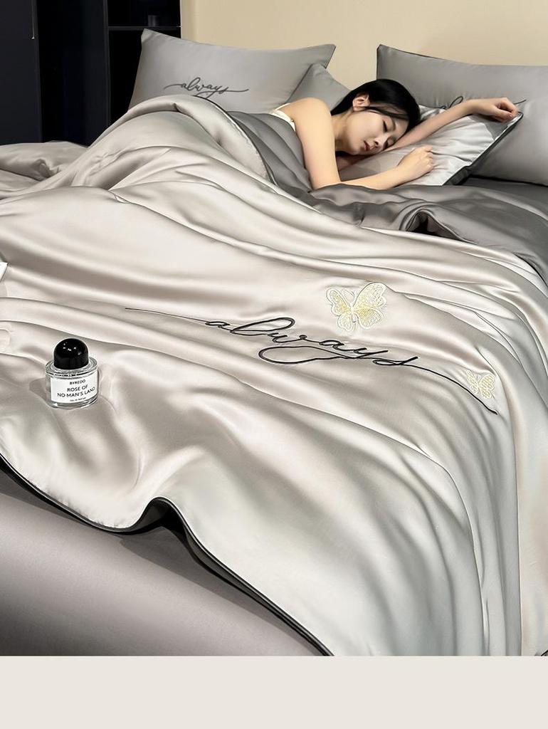 Class A Ice Silk Summer Quilt Set - Cooling, Water Washable, Embroidered, Air Conditioning Friendly, Thin Quilt for Naked Sleep