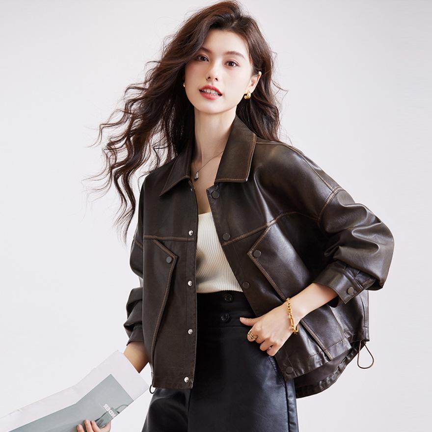 Fashion loose shoulder sleeves black leather jacket spring and autumn new fashion versatile locomotive style leather jacket women