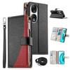 For Honor 90 Case Zipper Wallet Color Splicing Leather Flip Phone Cover with Straps