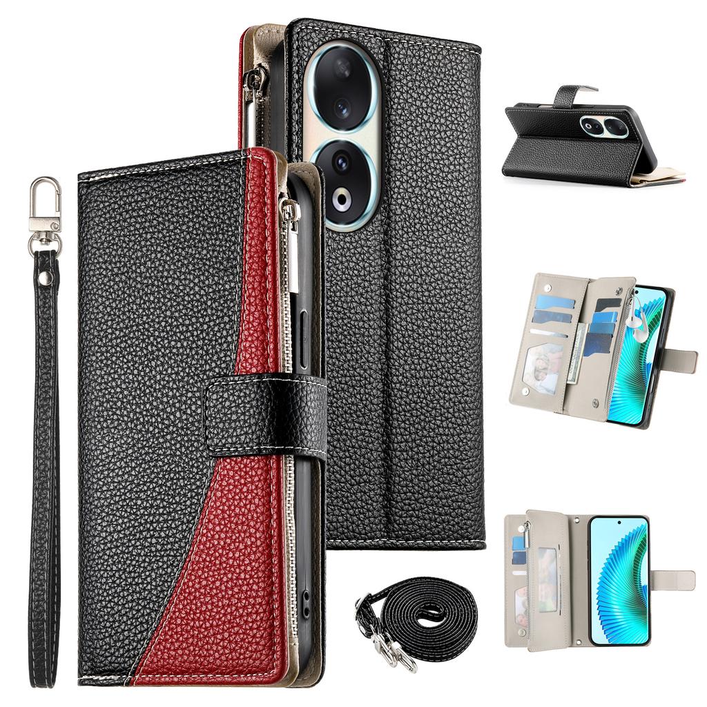 For Honor 90 Case Zipper Wallet Color Splicing Leather Flip Phone Cover with Straps