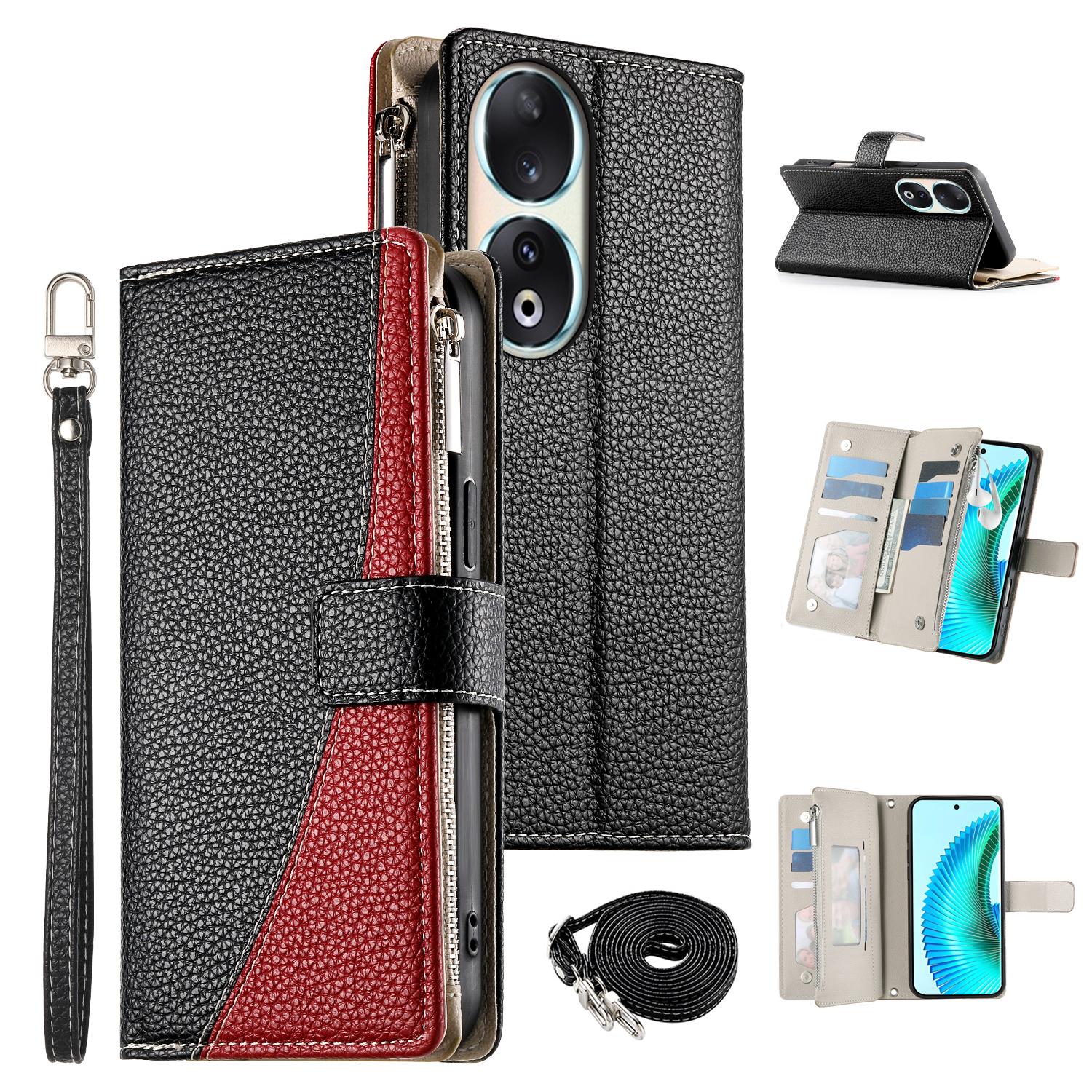 

For Honor 90 Case Zipper Wallet Color Splicing Leather Flip Phone Cover with Straps Black