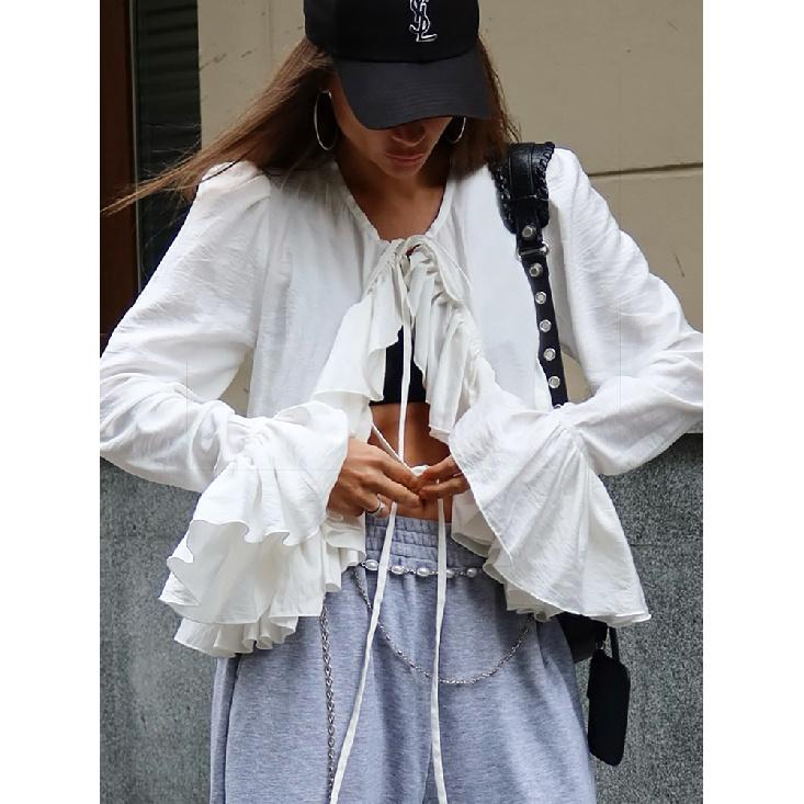 Solid Lace Up Design Shirts For Women V Neck Long Sleeve Patchwork Irregular Ruffled Short Blouse Female Fashion