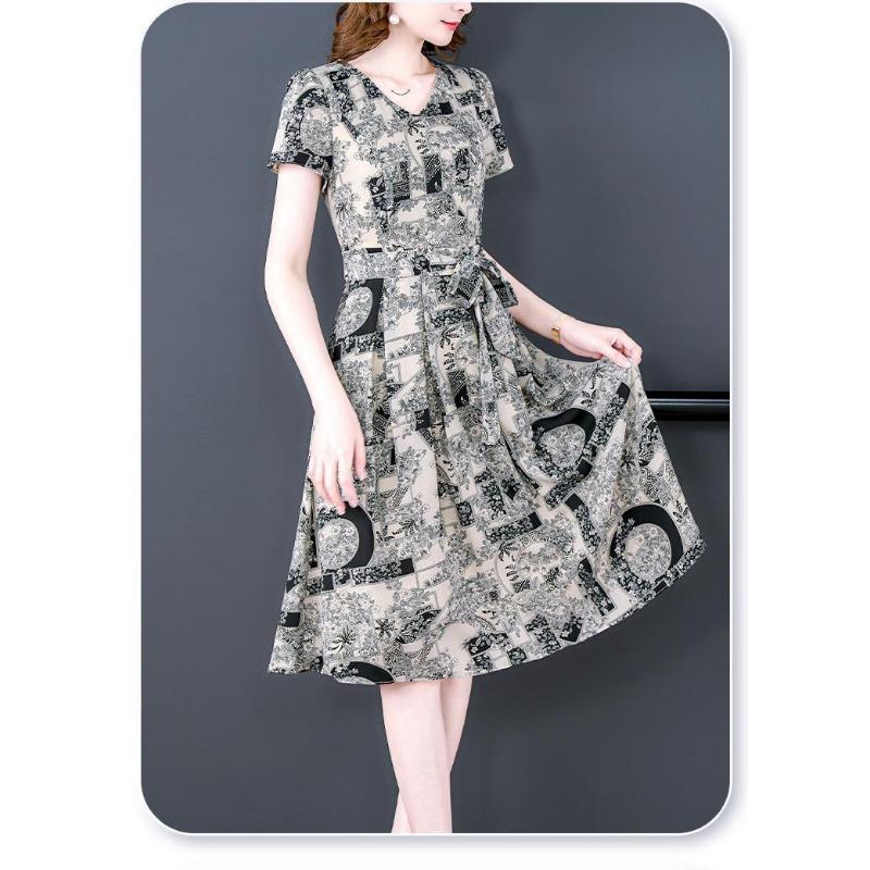 Female Faux Ice Silk Dress Summer New Tie Short-sleeved Dress Printed Thin Show Young V-neck Foreign-style Loose Dresses