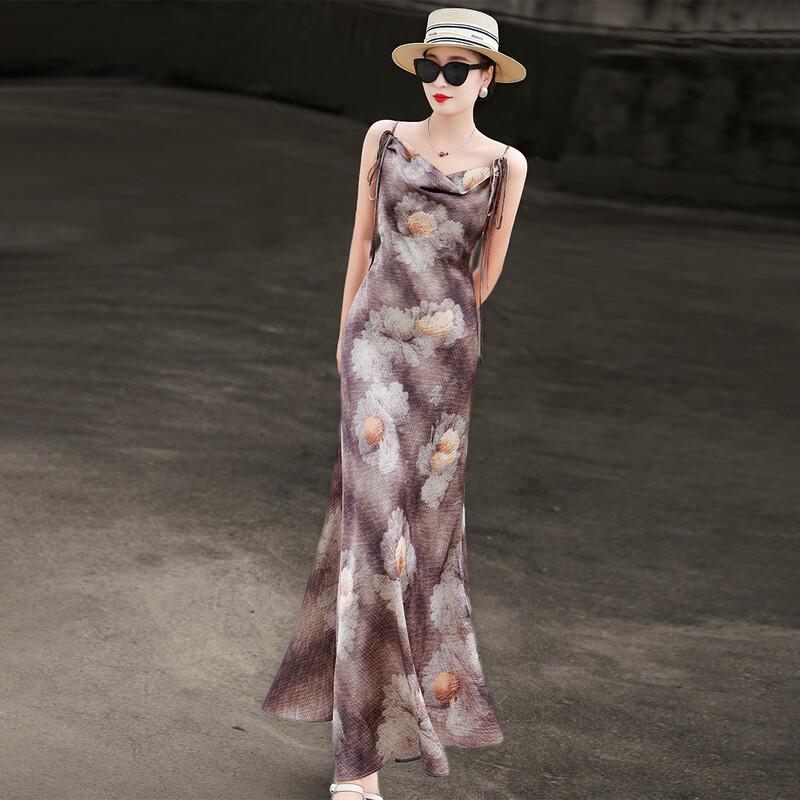 Lanseer Elegant Oil Print Satin A-Line Midi Dress L