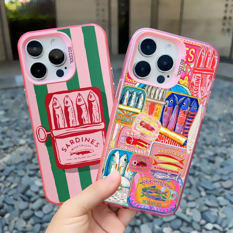 Fish Funny Sardines Laser Phone Case For iPhone 16 15 Pro Max Plus 14 13 12 Mini 11 Pro Max Shockproof Protective Back Covers