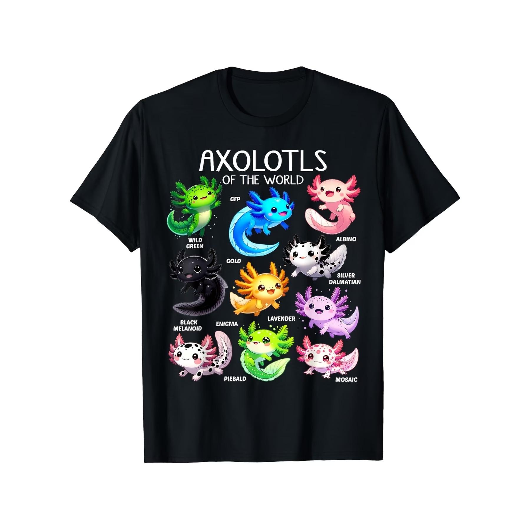 

Cute Axolotl T-Shirt with 8 Colorful Mexican Walking Fish Species Design - Unisex Soft Breathable Vintage Graphic Tee S чёрный