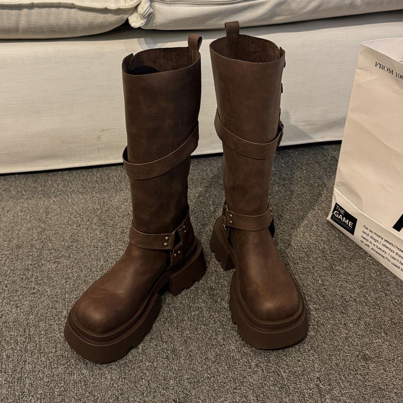 

[Fanfna] Ретро платформа ботинки для женской осени 2025 новые цвет Майяр высотные и стройнящие рыцарские ботинки 39 коричневый