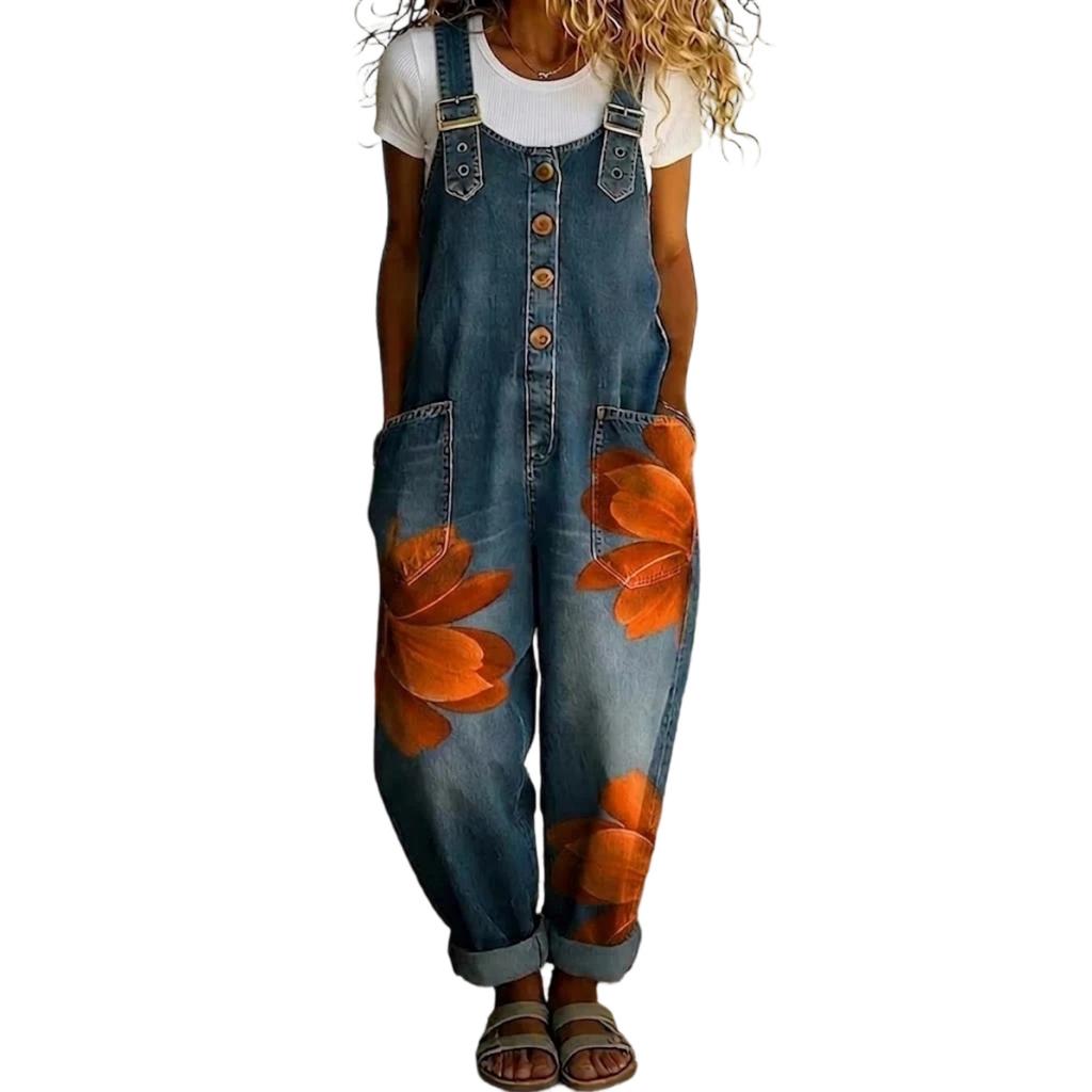 Women's Casual Denim Jumpsuit Floral Print Button Front Loose Fit Overalls with Adjustable Straps and Pockets for Everyday Wear