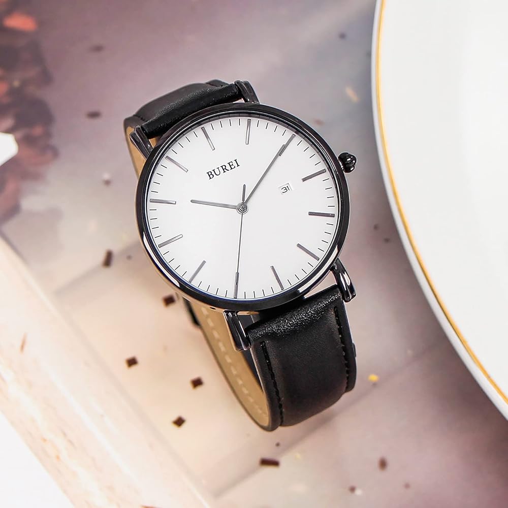 BUREI Men's Stylish Business Watch Leather Band Slim Simple Design Men's Timepiece