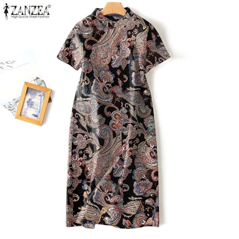 

ZANZEA Женское повседневное летнее платье с воротником-стойкой и коротким рукавом с принтом