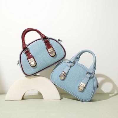 High-end Cowhide with Denim Small Bag for Women Classic Zipper Design Shoulder Crossbody Bag Lady Mini Handbags