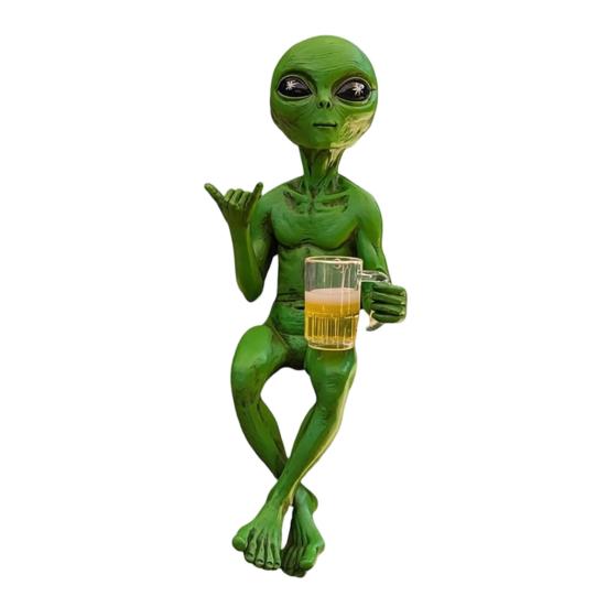 Resin Alien with Beer Glass Figurine Decorative Desktop Ornament A