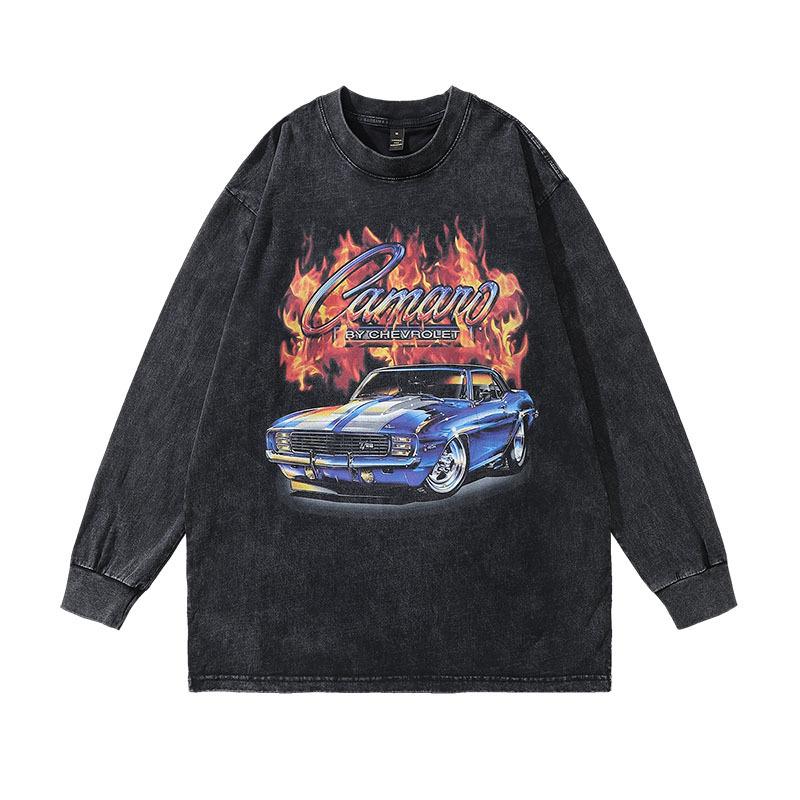 American Retro Printed Long-Sleeved T-Shirt Ins High Street Trendy Brand Washed Old Men'S Oversize Bottoming Top