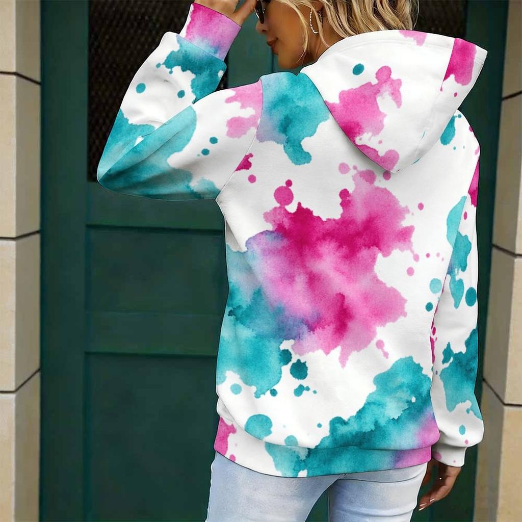 Women Plus Size Long Sleeve Drawstring Hoodie Watercolor Cloud Printed Kangaroo Pocket Pullover