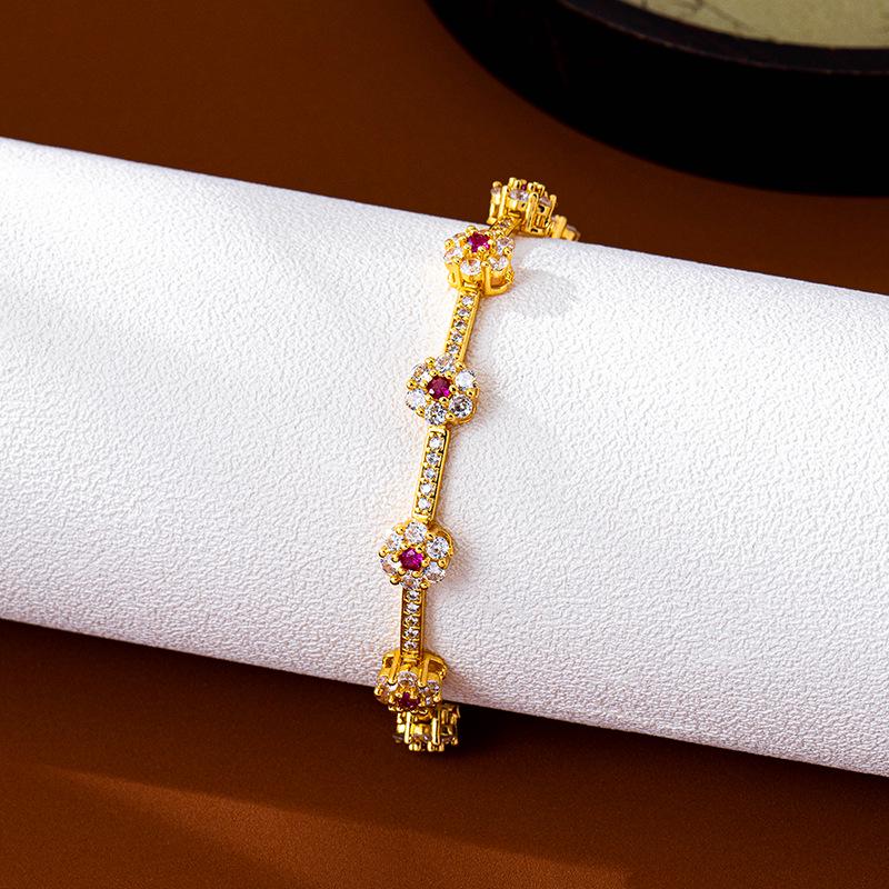 Pulseira de Contas de Ouro Areia Vietnamita com Incrustação de Zircônia-Flor - Joia de Luxo Feminina de Longa Duração