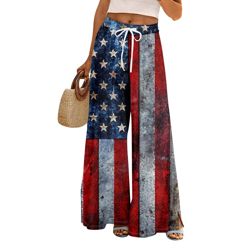 Damen Sommer Boho Palazzo Hose Hohe Taille Weites Bein Independence Printing Freizeithose mit Taschen