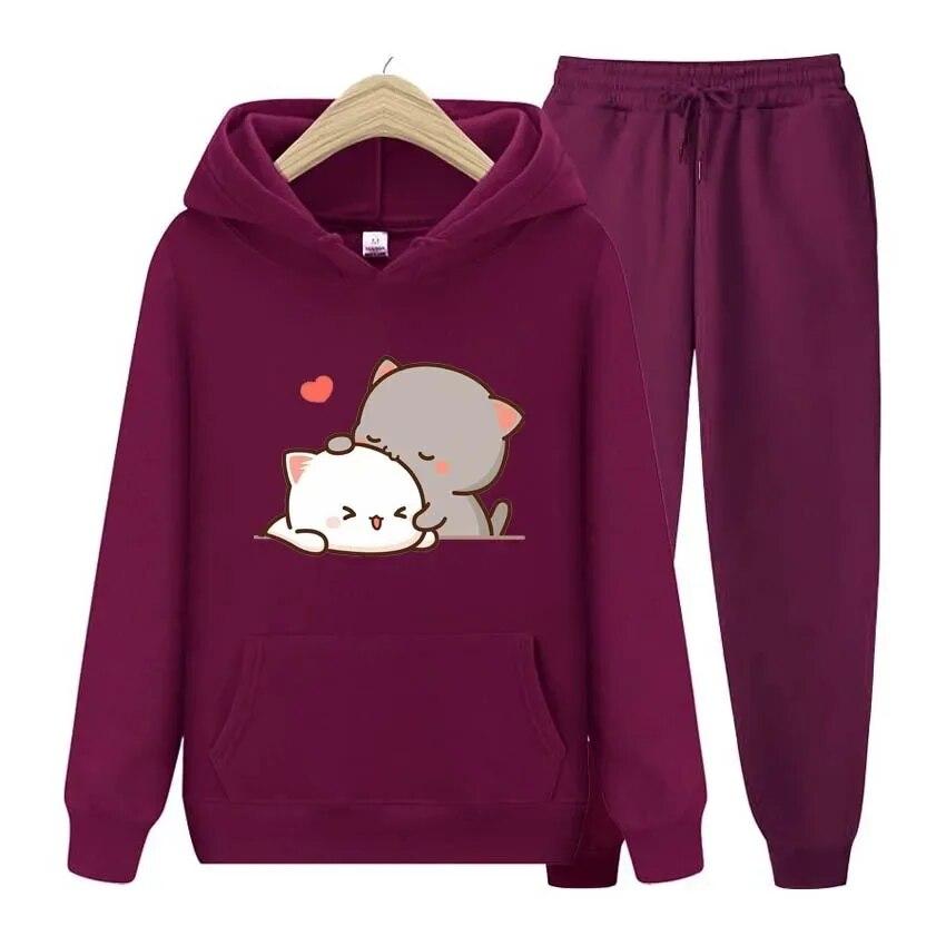 

Kawaii Girl с принтом аниме, осенне-зимние толстовки + брюки, комплект из двух предметов, женские толстовки, спортивные костюмы для бега, плотная теплая одежда M