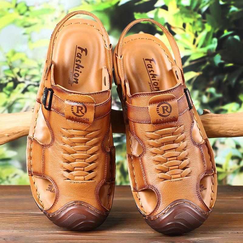 2025 Summer New Beach Shoes First Layer Cowhide Men's Sandals Genuine Leather Bag Head Leather Shoes Cowhide Sole Non-slip Cool Slippers