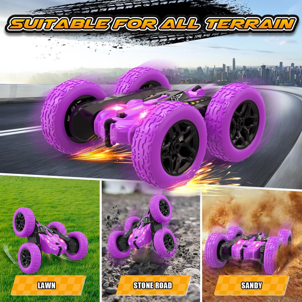 RC Stunt Car 360 Degree Rotation, 2.4GHz Double-sided Driving, Green/purple/blue, Kids Toy for Outdoor Play