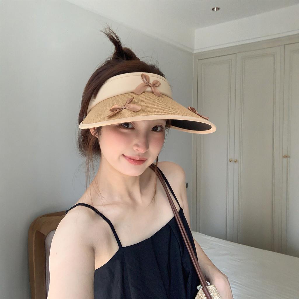 New straw vinyl bow empty top sunscreen hat women's summer outdoor big eaves breathable face small sun hat