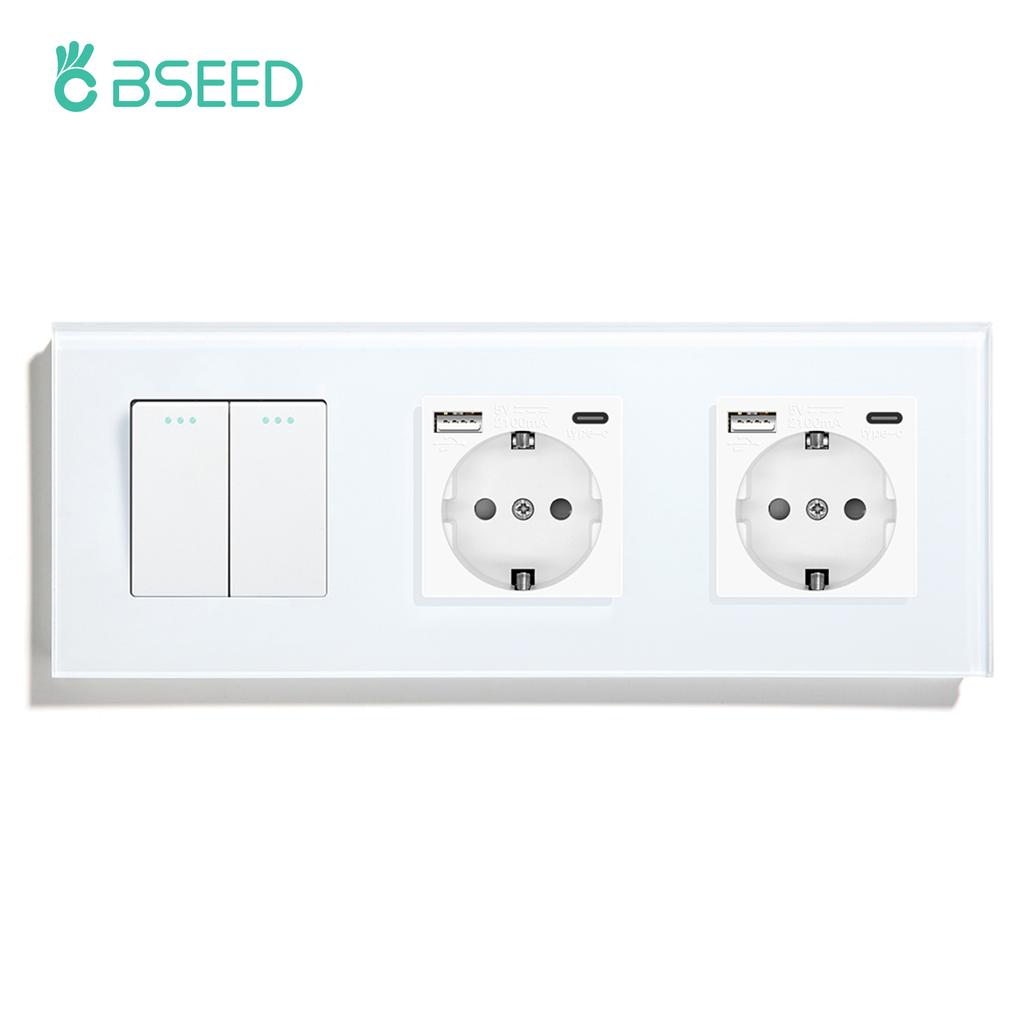 BSEED 1/2/3-fach Mechanische Taster Wandschalter Ein Aus Glas Stromschalter 2,1A Typ-C USB-Steckdose EU-Standard 1-Weg