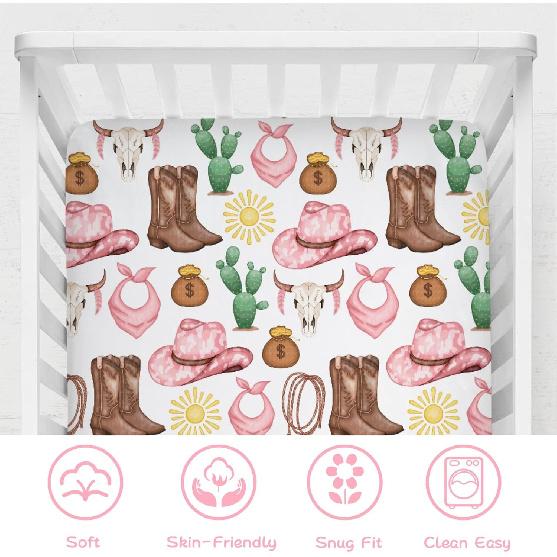 

Pink Western Cowgirl Cowboy Fitted Baby Crib Sheet for Boy Girl 52 x28 Desert Cowboy Hat Boot Sun Cactus Soft Breathable Baby Crib Mattress Bed One size сірий