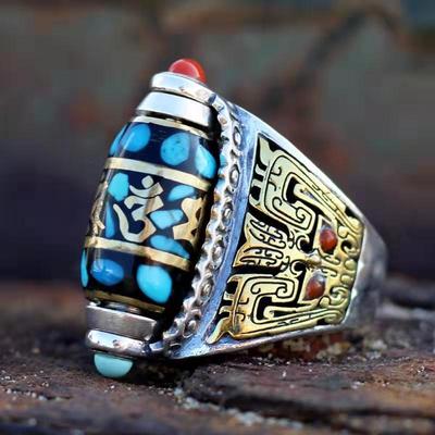 2026 Nine-eye Dzi Bead Ring Tibetan Men's and Women's Kui Niu Dapeng Taotie Pattern Six-character Mantra Retro Index Finger Ring