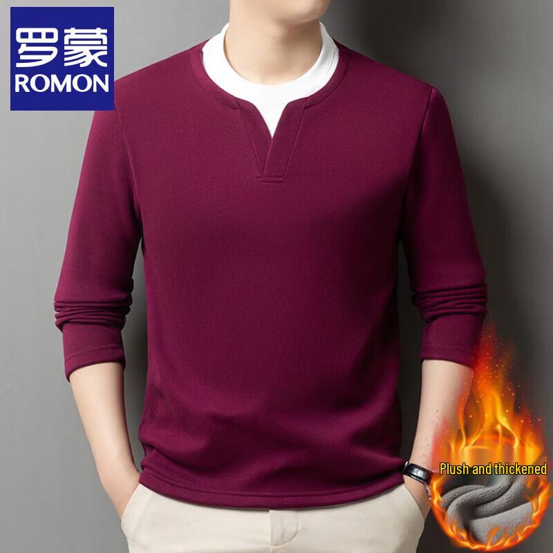 Luomeng Men s Fleece-Lined Faux Two-Piece Long Sleeve Tee 2XL