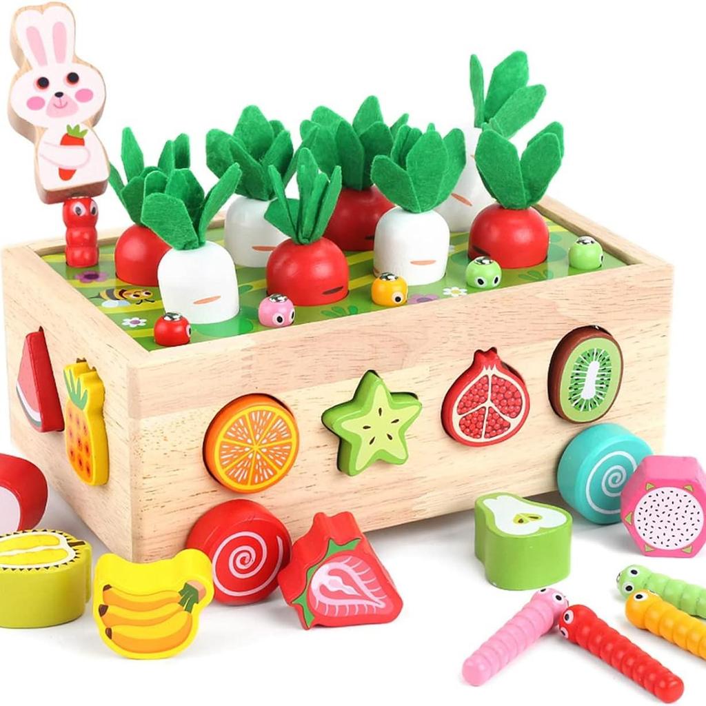 Wooden Educational Farm Orchard Toy with Building Blocks, Insect Catching, and Radish Pulling Activities