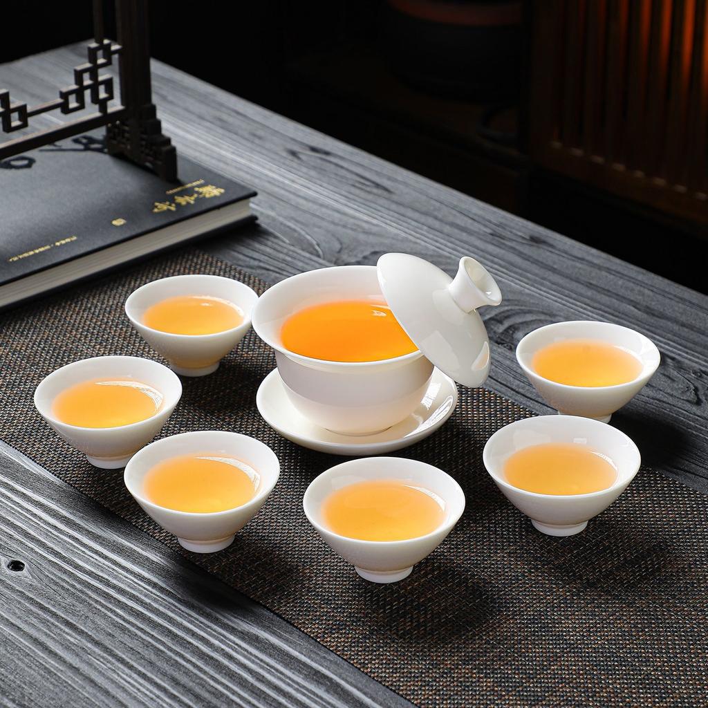 High Quality White Porcelain Tea Set Gaiwan Bamboo Hat Cup Kung Fu Chinese Ceramic Teaware Home Office Business Tea Insufer