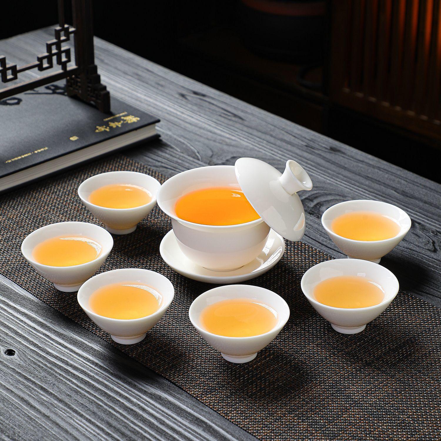

High Quality White Porcelain Tea Set Gaiwan Bamboo Hat Cup Kung Fu Chinese Ceramic Teaware Home Office Business Tea Insufer