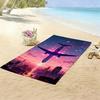 Futuristic Travel Beach Towel, Neon Airplane Over Sunset City Print Bath Towel, Stylish Cyberpunk Themed Beach Blanket