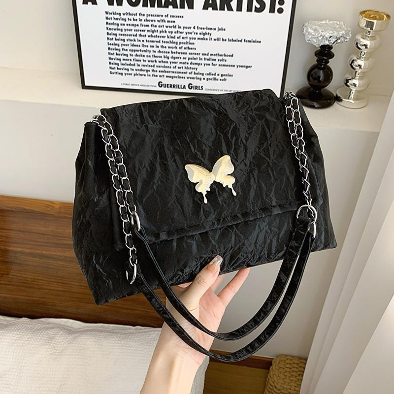 Black Pink Khaki Beige Silver Pu Street Fashion Butterfly Knot Chain Crossbody Bag чёрный