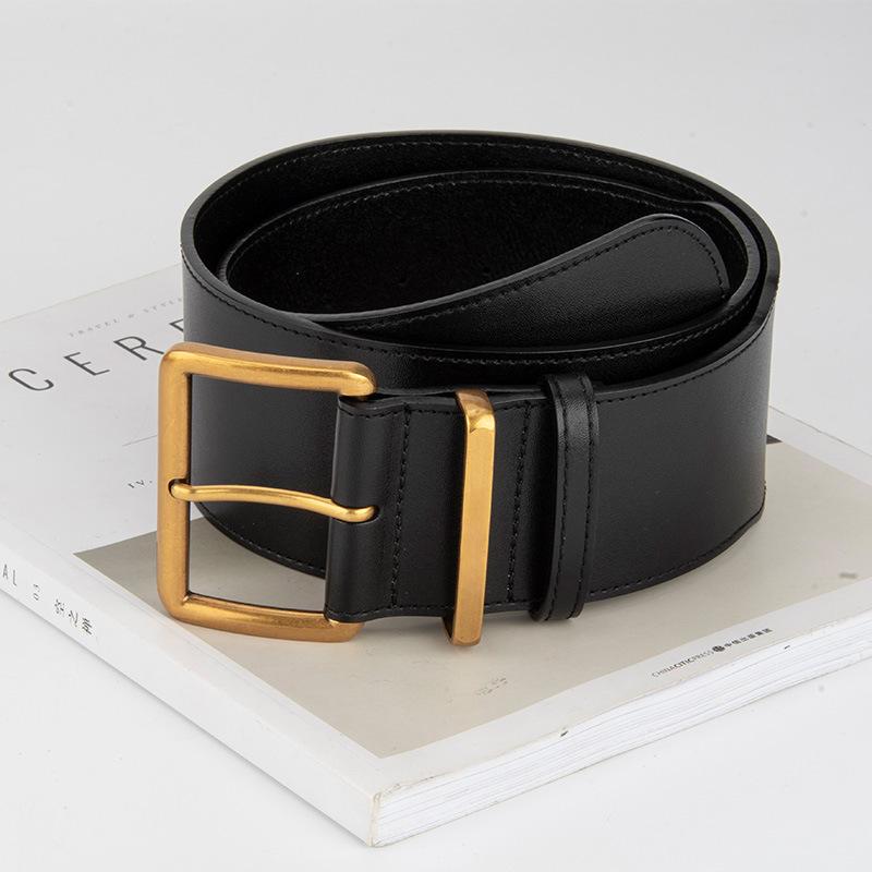 Women's Cowhide Wide Belt Retro Square Pin Buckle Genuine Leather Belt High-end Feel with Jeans Decorative Waist Seal for Women
