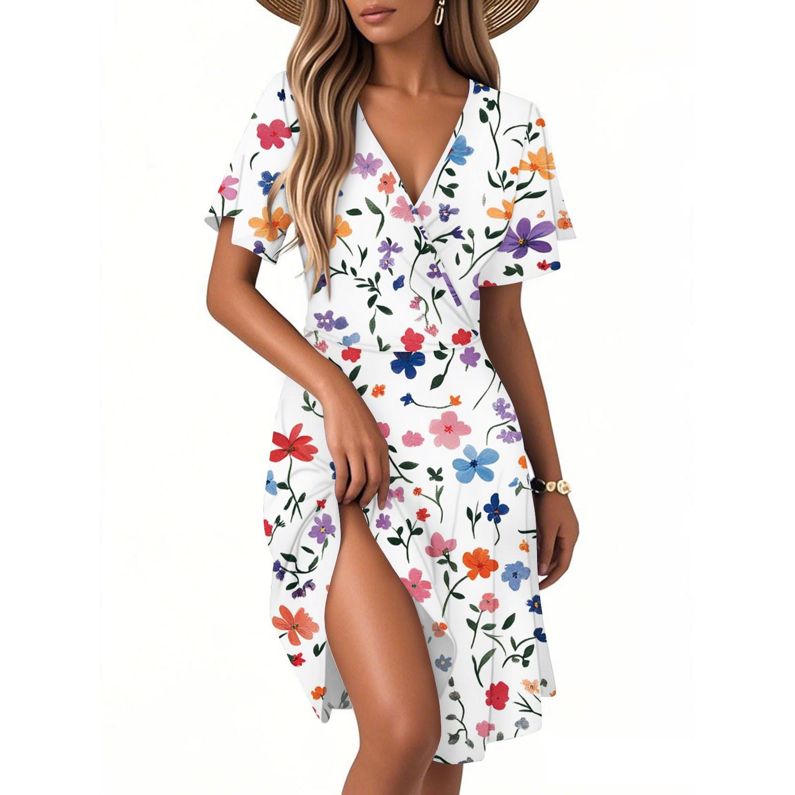 

Женское повседневное модное платье с винтажным цветочным принтом и коротким рукавом и V-образным вырезом XL белый