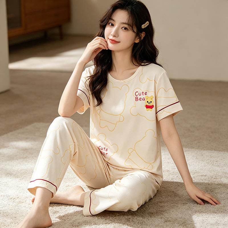 Summer Sweet Women's Pajamas Small Fresh Flowers Strawberry Short-sleeved Trousers Set Loose and Can Be Worn Outside Loungewear