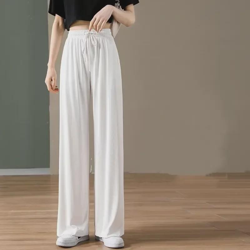 Women's High-Waist Ice Silk Wide-Leg Summer Pants – Lightweight, Loose, Straight, Anti-Mosquito Design.