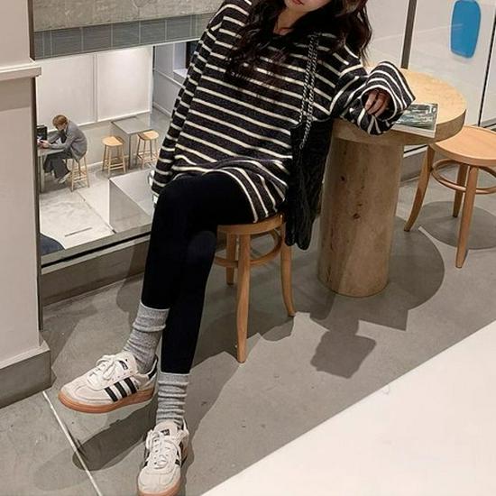 Women's Japanese Style Striped Long Sleeve Base Layer T-Shirt - Slimming, Brushed, Loose Fit for Spring, Autumn, Winter