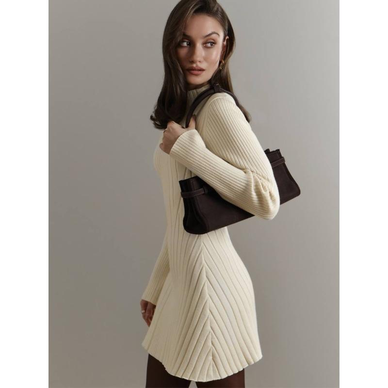 Autumn Winter Half High Collar Casual Fashion Knitting A-line Dress Women Solid Color Slim Mini Robe Vestidos