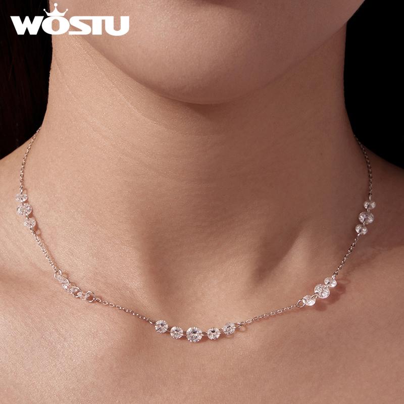 WOSTU Layered 925 Sterling Silver Cubic Zirconia Necklace For Women Sparkling Crystal Stacking Choker Links Vacation Party Gift